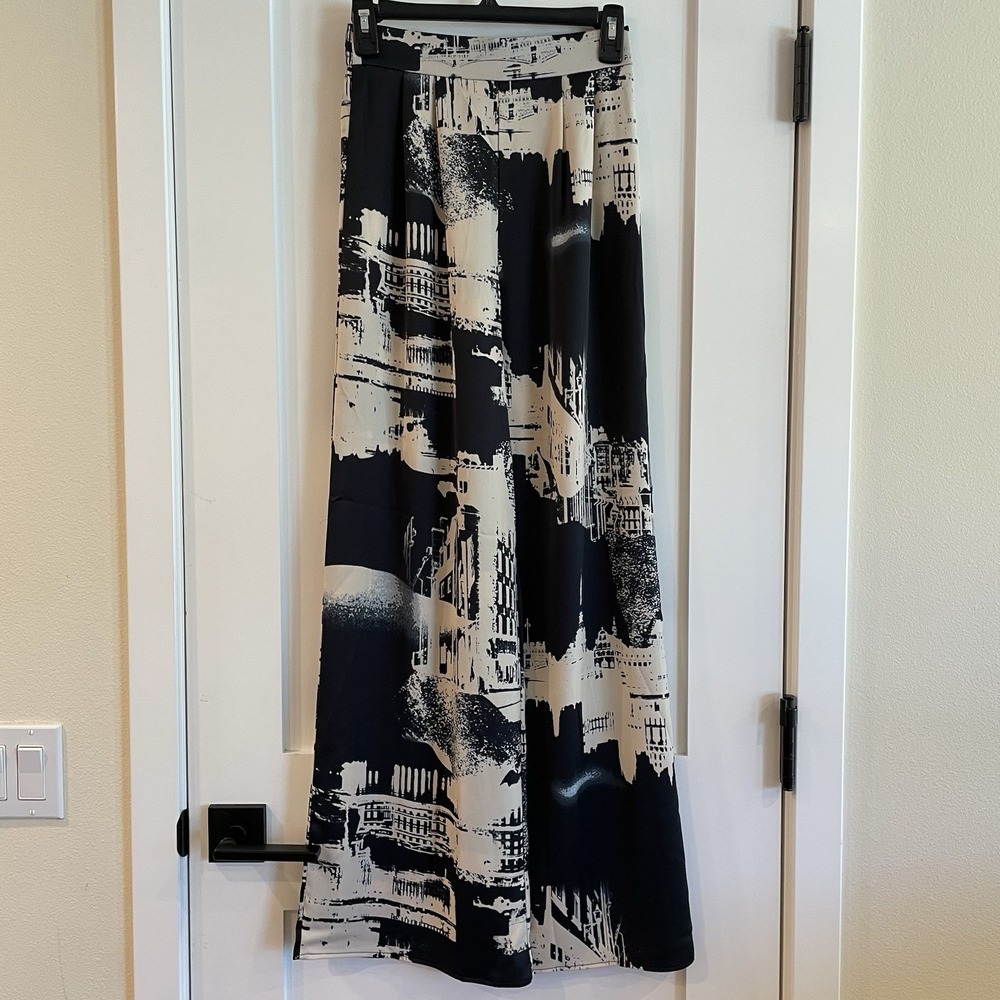 H&M Pants Satin Wide Leg High Waist Navy Graphic Print Flared Boho Art US 2 EU34